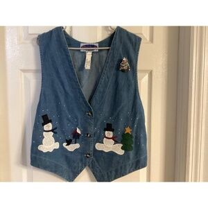 Hand Embroidered Denim Christmas Button Up Vest Medium